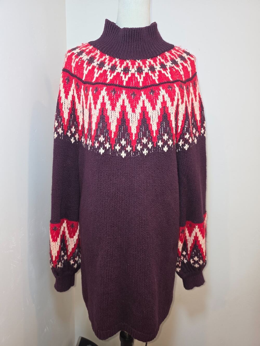 Free People Sweater Dress M Burgundy Cotton Wool Mohair Scotland Fair Isle Cozy